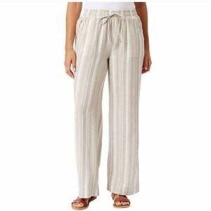 Briggs New York Linen Rayon Blend Pants Striped Elastic Waist Tan Striped XL NWT